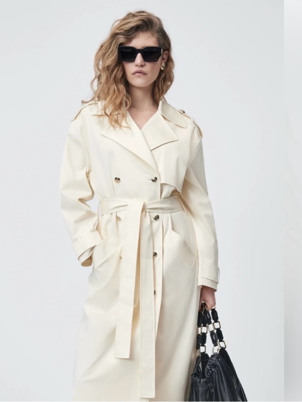 Anine Bing Cream Double-Breasted Trench Coat with Tie Belt